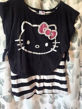 Hello Kitty Black & White Striped Layered Tee with Pink Bow